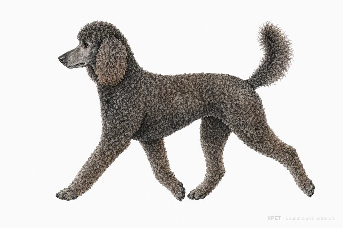 Original XPET engraving and watercolor illustration of Poodle: a natural movement study.