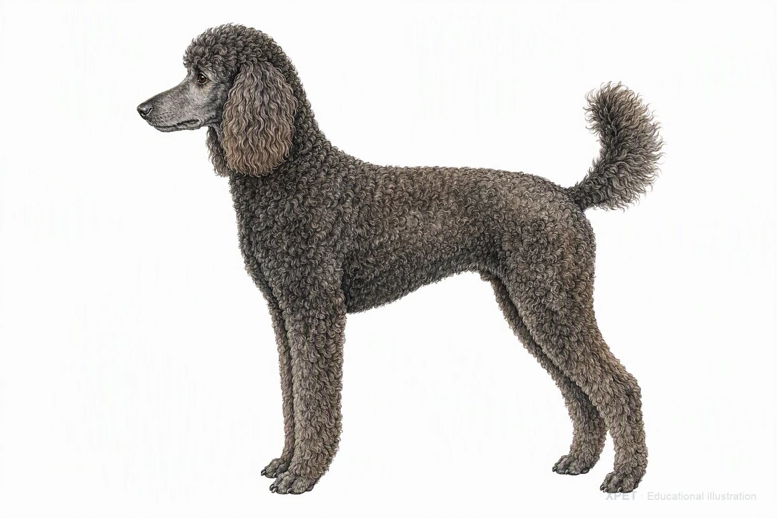 Original XPET engraving and watercolor illustration of Poodle: an adult in left-facing profile.
