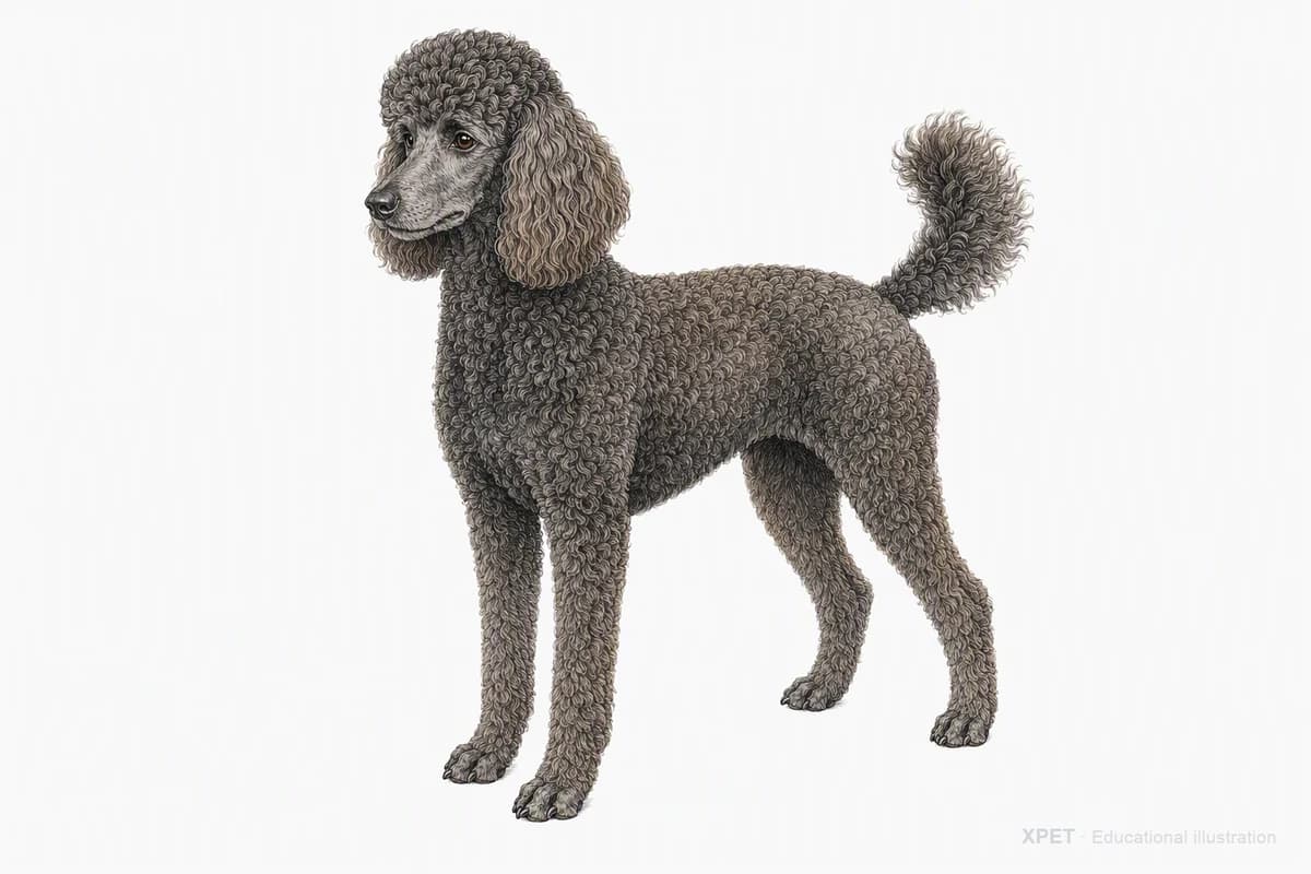 Original XPET engraving and watercolor illustration of Poodle: a complete three-quarter standing view.