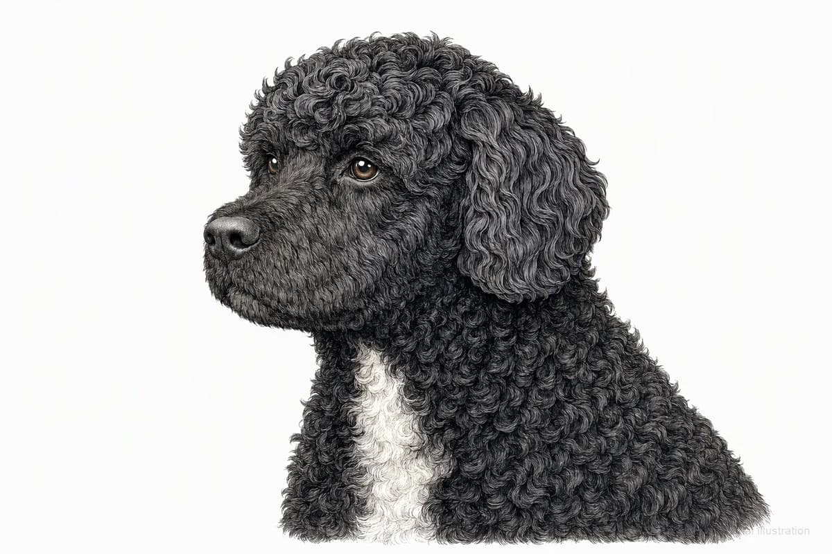Original XPET engraving and watercolor illustration of Portuguese Water Dog: a head and coat detail study.