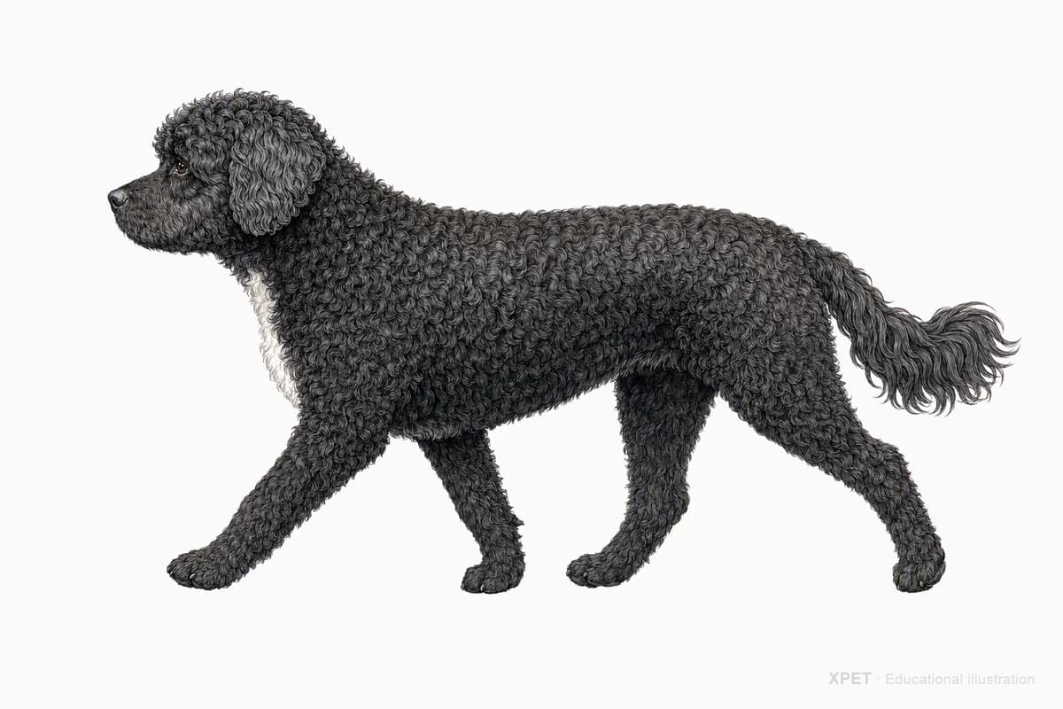 Original XPET engraving and watercolor illustration of Portuguese Water Dog: a natural movement study.