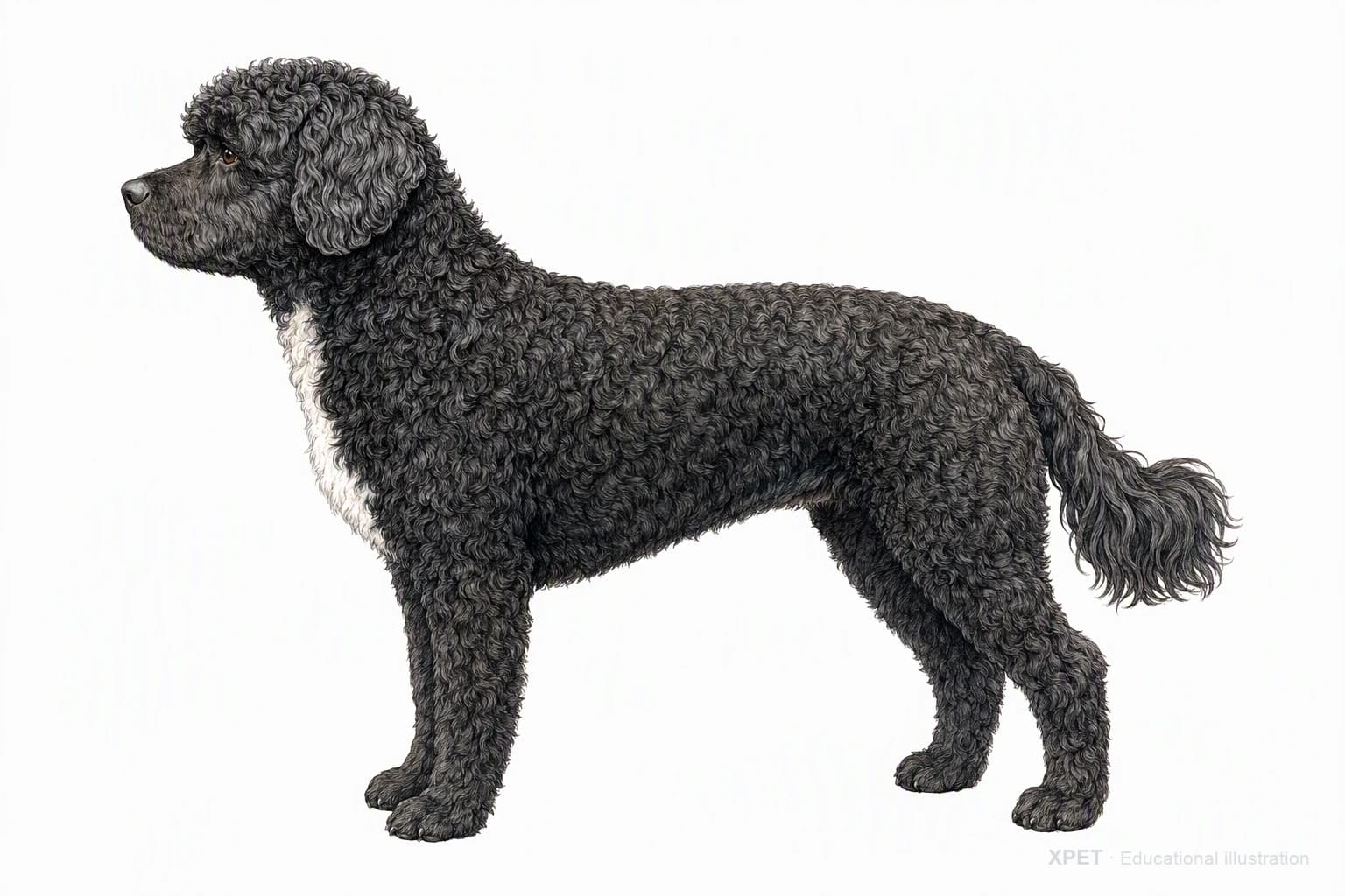 Original XPET engraving and watercolor illustration of Portuguese Water Dog: an adult in left-facing profile.