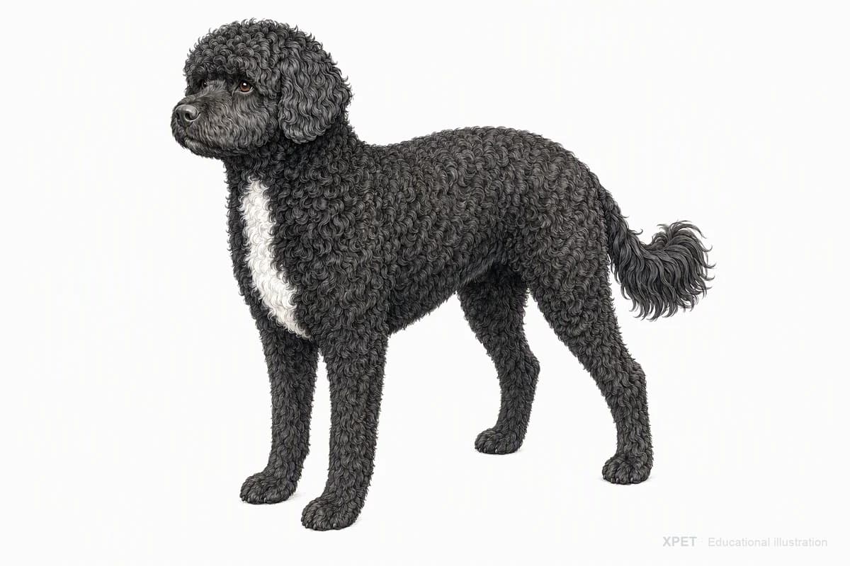 Original XPET engraving and watercolor illustration of Portuguese Water Dog: a complete three-quarter standing view.