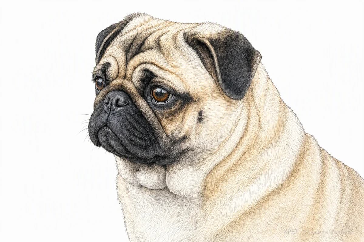 Original XPET engraving and watercolor illustration of Pug: a head and coat detail study.