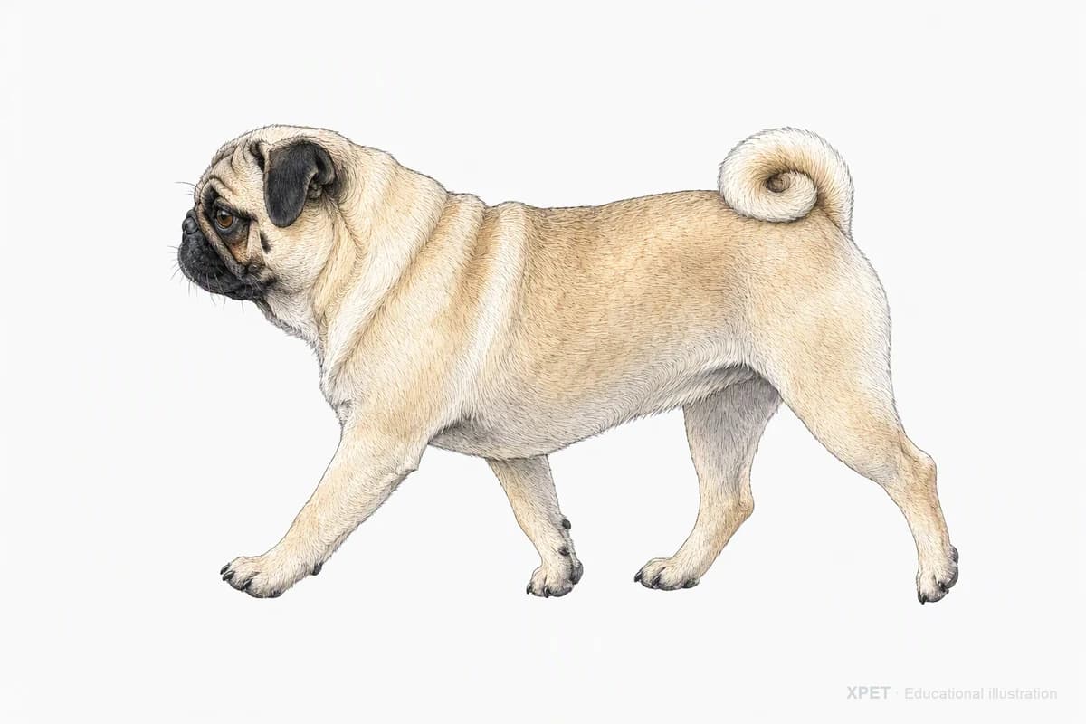 Original XPET engraving and watercolor illustration of Pug: a natural movement study.