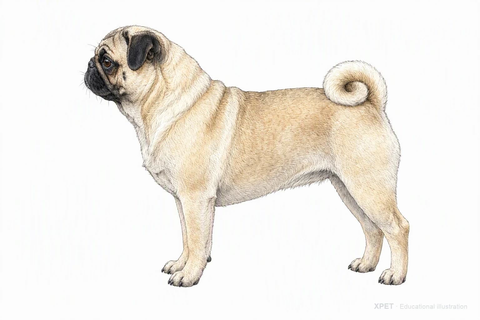 Original XPET engraving and watercolor illustration of Pug: an adult in left-facing profile.