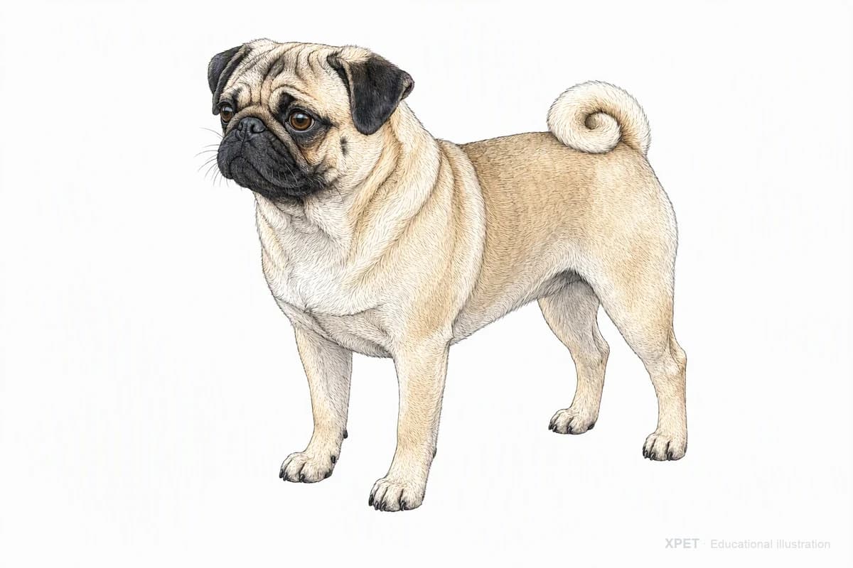 Original XPET engraving and watercolor illustration of Pug: a complete three-quarter standing view.