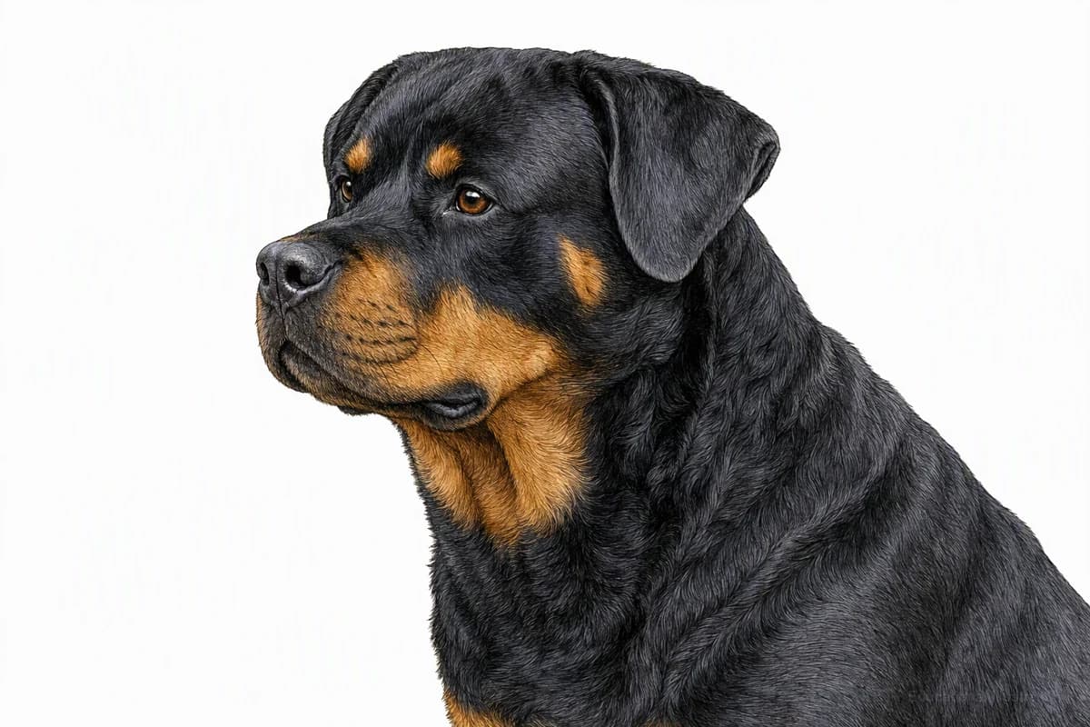 Original XPET engraving and watercolor illustration of Rottweiler: a head and coat detail study.