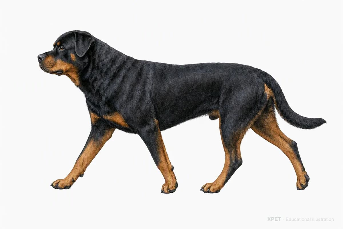 Original XPET engraving and watercolor illustration of Rottweiler: a natural movement study.