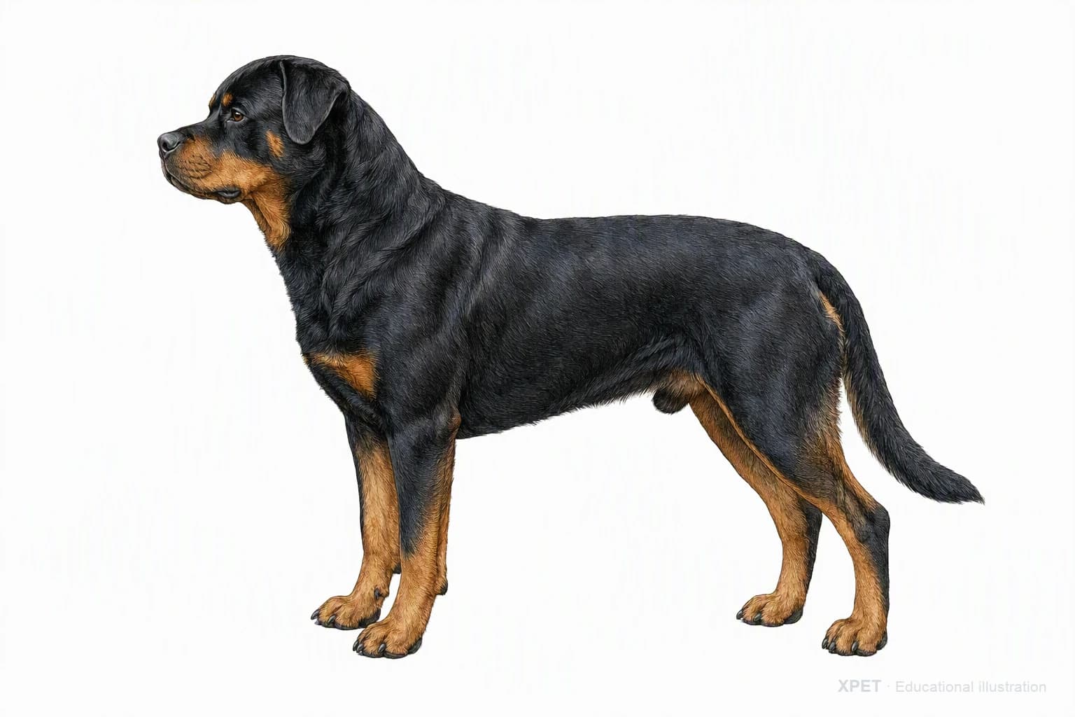 Original XPET engraving and watercolor illustration of Rottweiler: an adult in left-facing profile.