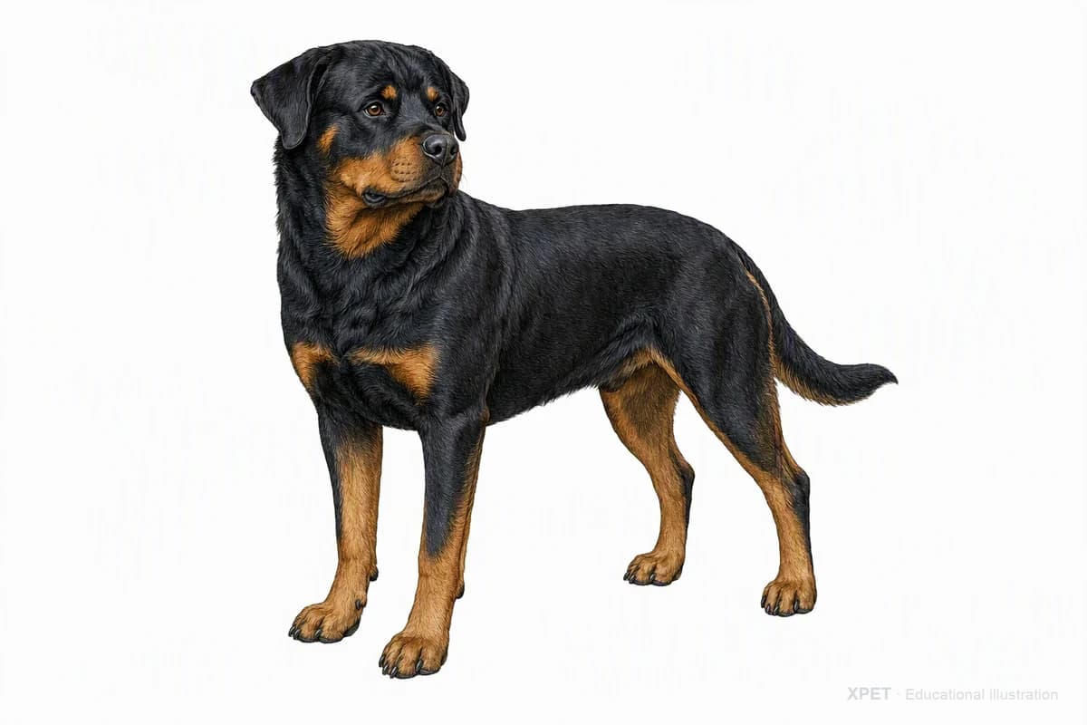 Original XPET engraving and watercolor illustration of Rottweiler: a complete three-quarter standing view.