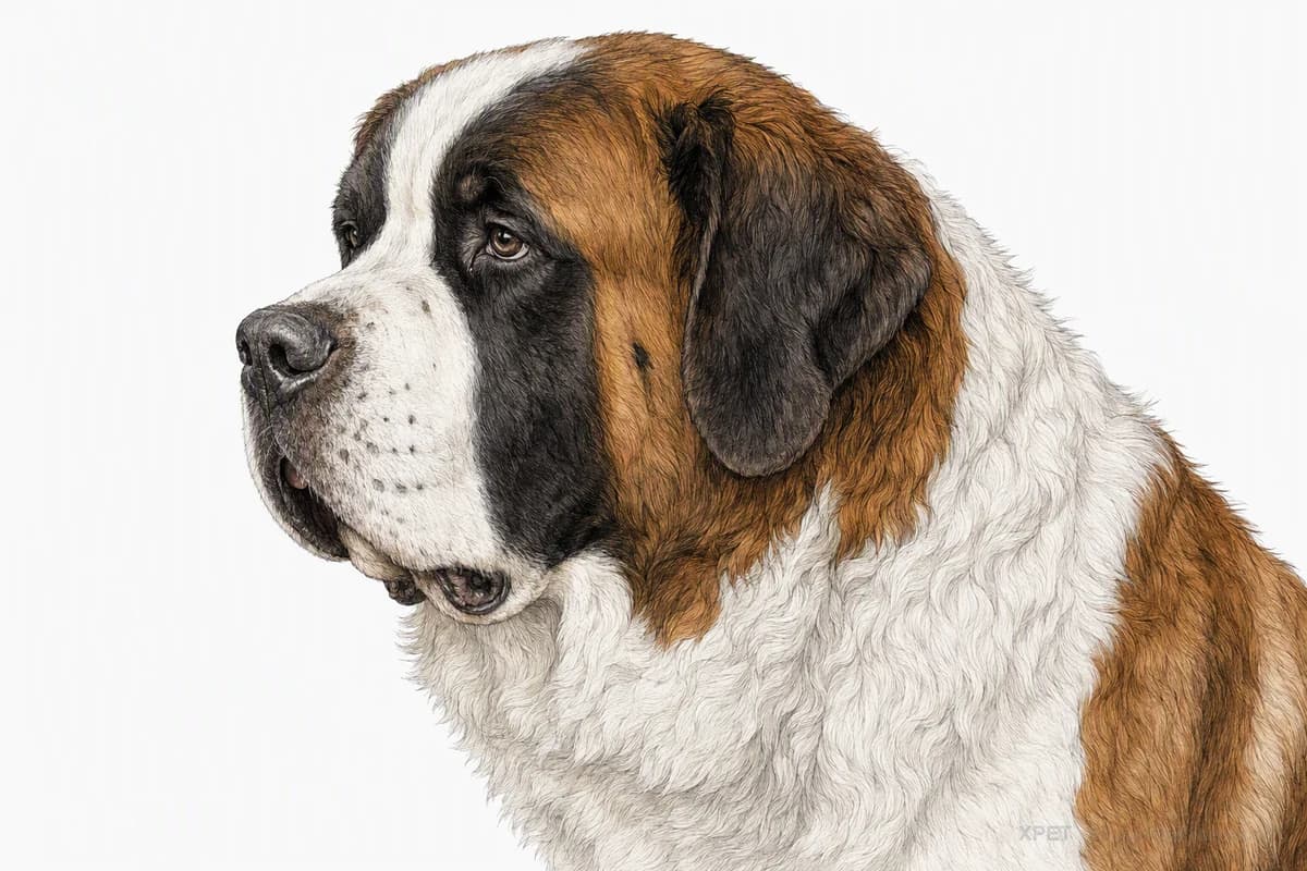 Original XPET engraving and watercolor illustration of Saint Bernard: a head and coat detail study.