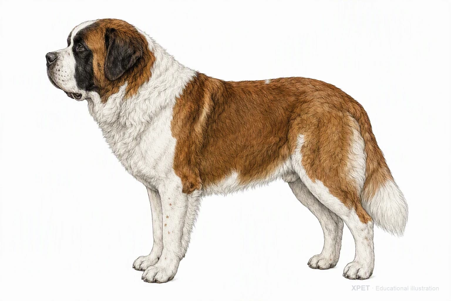 Original XPET engraving and watercolor illustration of Saint Bernard: an adult in left-facing profile.