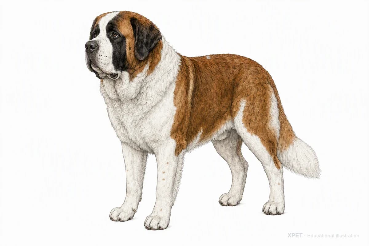 Original XPET engraving and watercolor illustration of Saint Bernard: a complete three-quarter standing view.