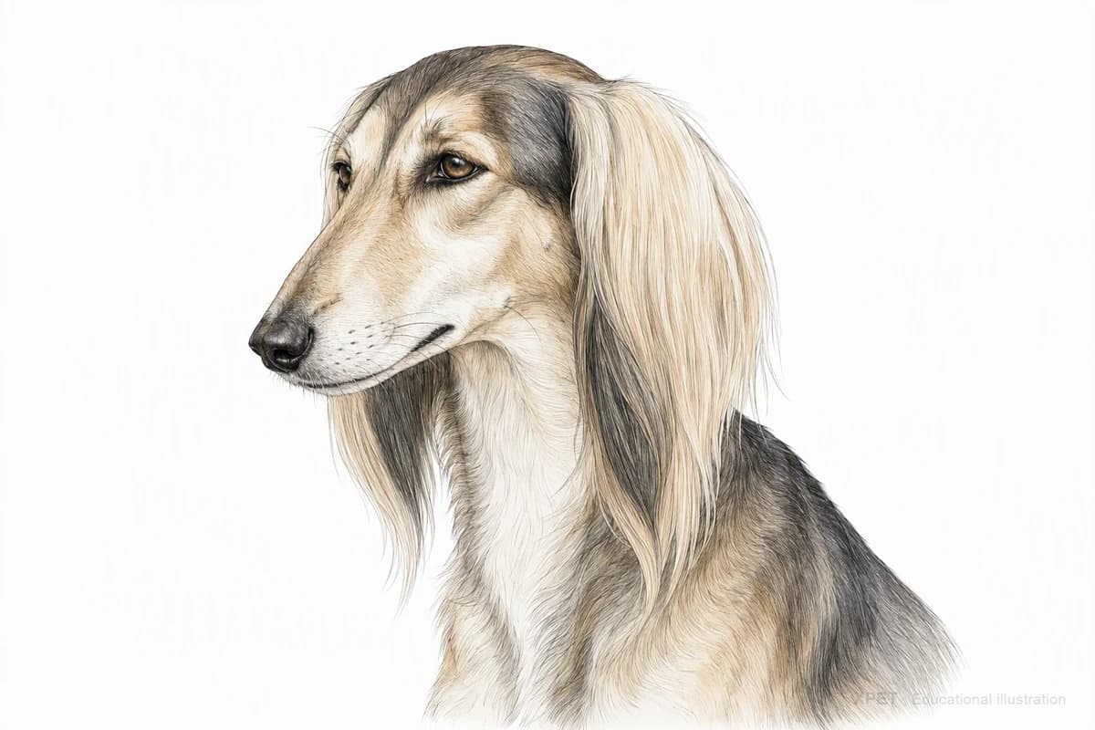 Original XPET engraving and watercolor illustration of Saluki: a head and coat detail study.