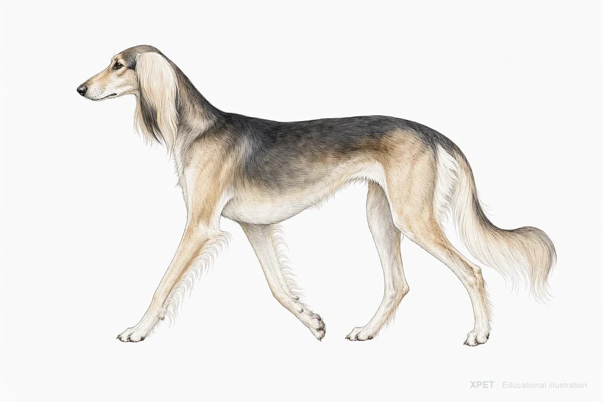Original XPET engraving and watercolor illustration of Saluki: a natural movement study.