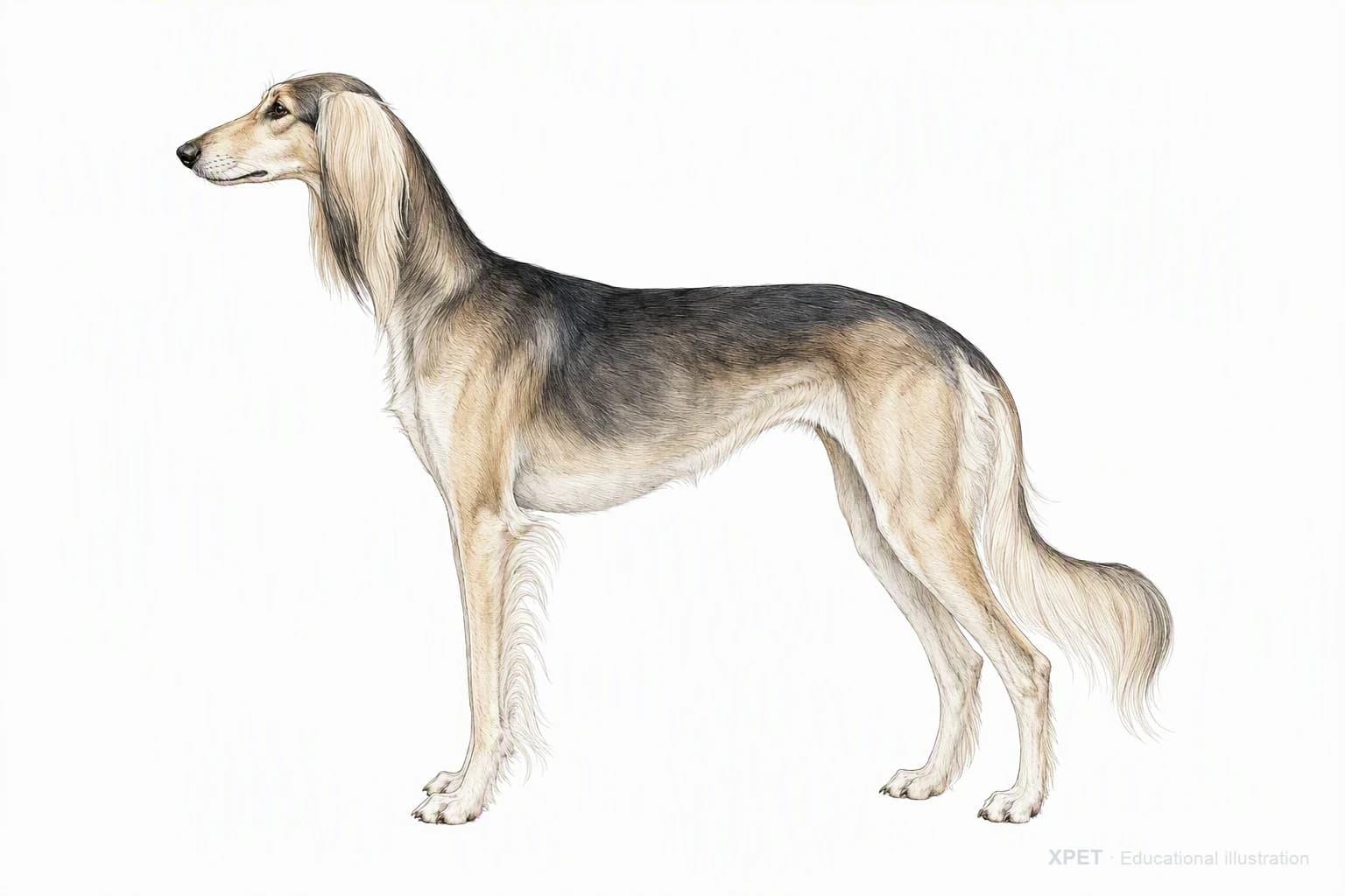 Original XPET engraving and watercolor illustration of Saluki: an adult in left-facing profile.