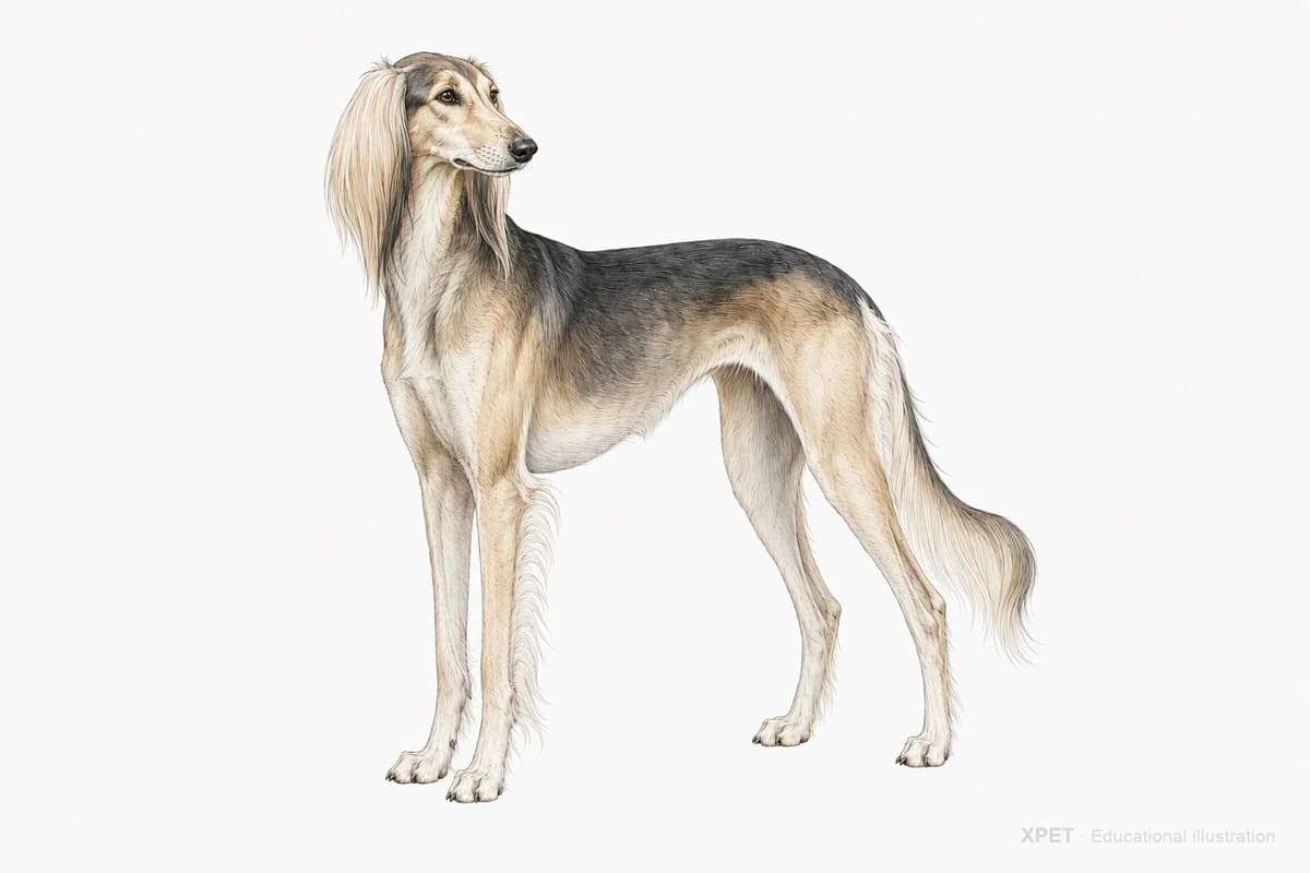 Original XPET engraving and watercolor illustration of Saluki: a complete three-quarter standing view.