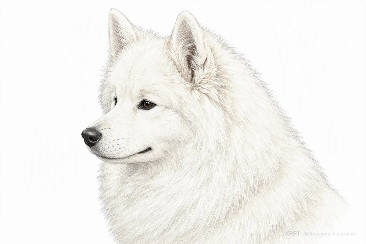 Original XPET engraving and watercolor illustration of Samoyed: a head and coat detail study.