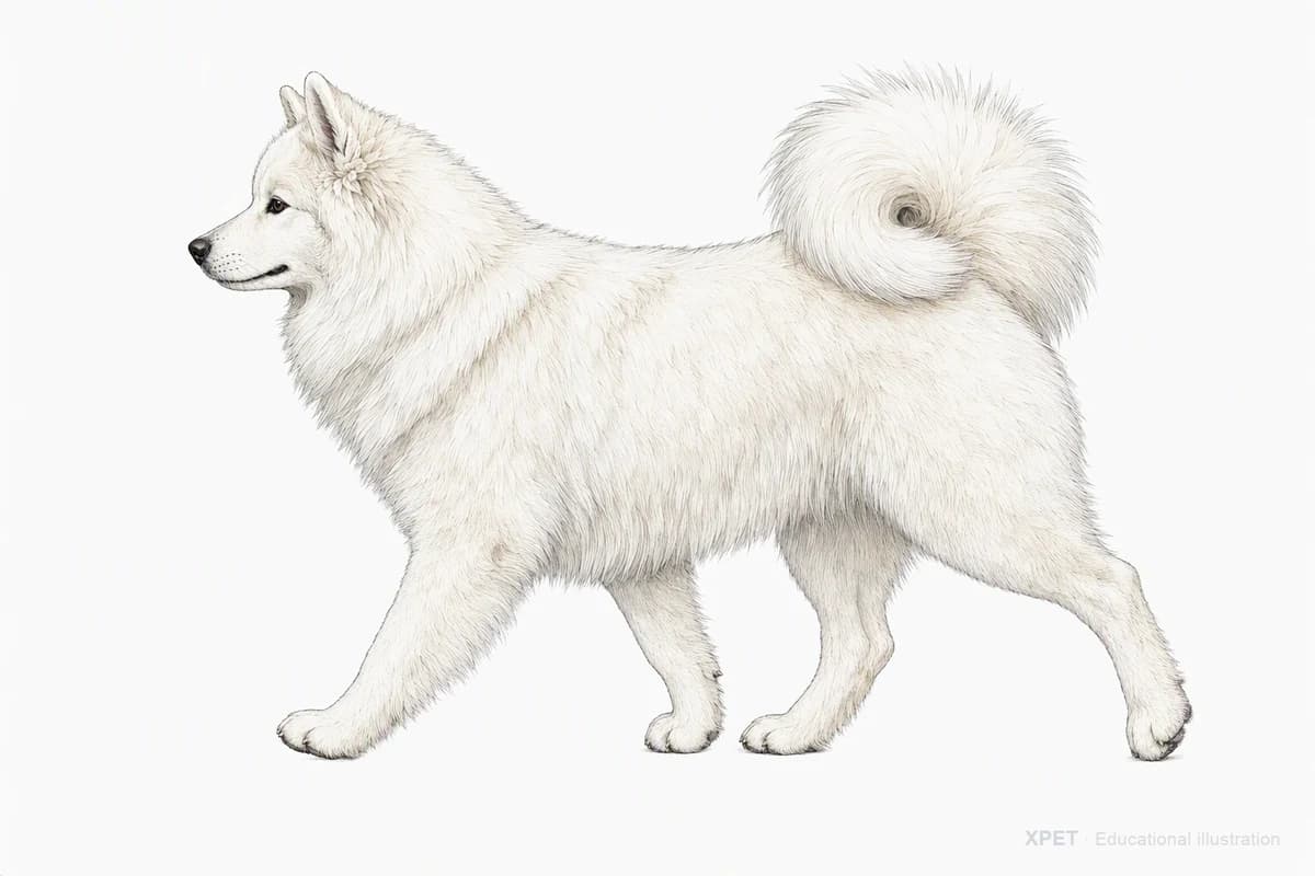 Original XPET engraving and watercolor illustration of Samoyed: a natural movement study.