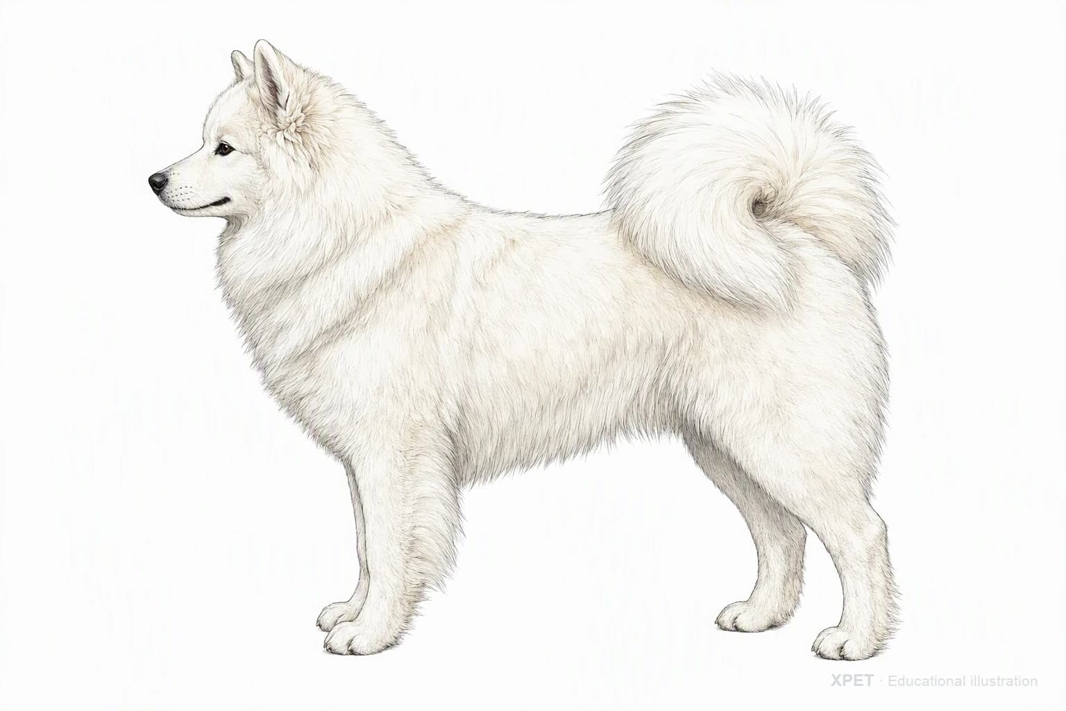 Original XPET engraving and watercolor illustration of Samoyed: an adult in left-facing profile.