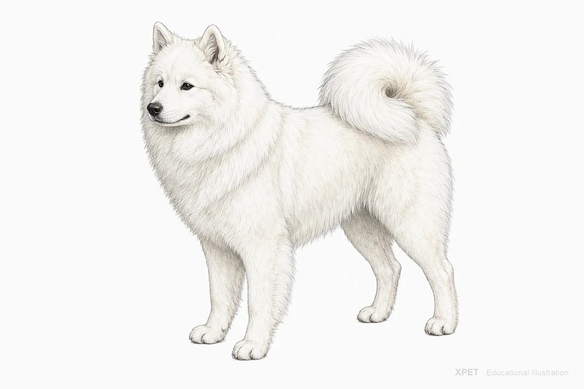 Original XPET engraving and watercolor illustration of Samoyed: a complete three-quarter standing view.