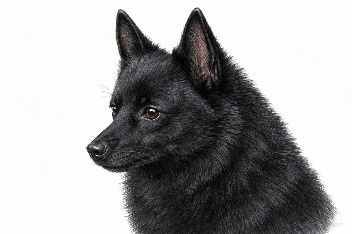 Original XPET engraving and watercolor illustration of Schipperke: a head and coat detail study.