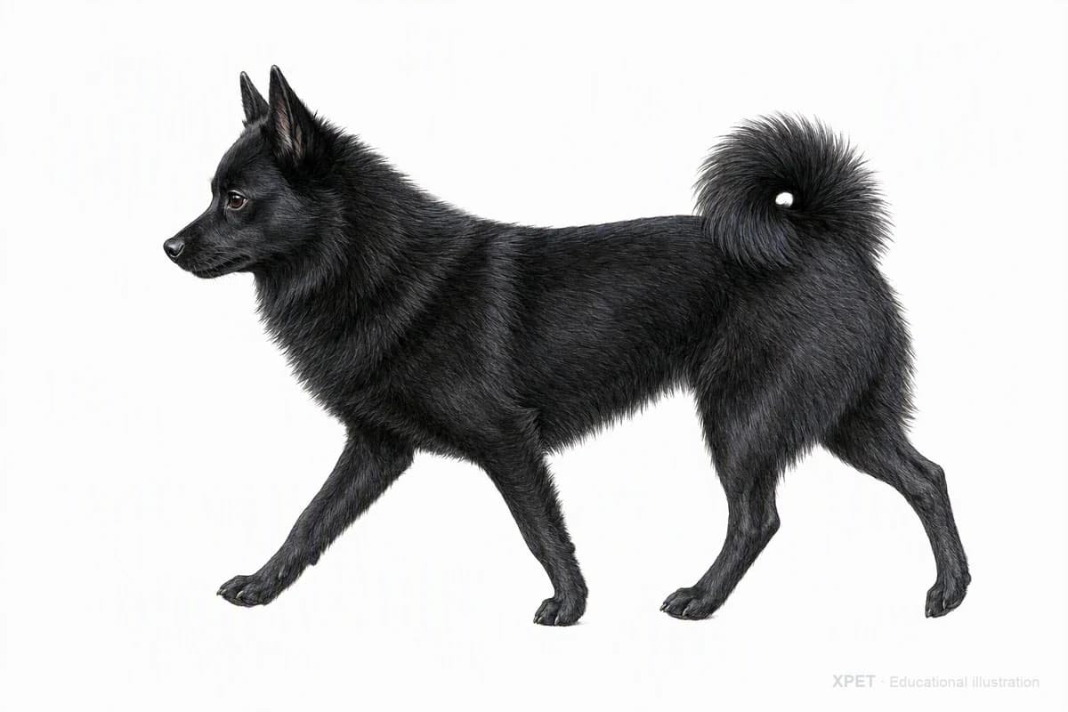 Original XPET engraving and watercolor illustration of Schipperke: a natural movement study.