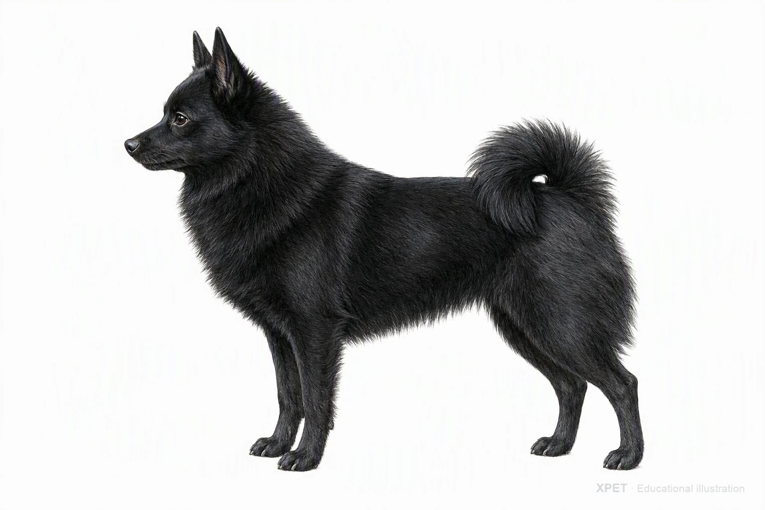 Original XPET engraving and watercolor illustration of Schipperke: an adult in left-facing profile.
