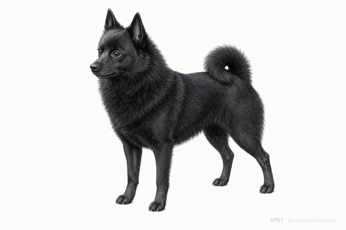 Original XPET engraving and watercolor illustration of Schipperke: a complete three-quarter standing view.
