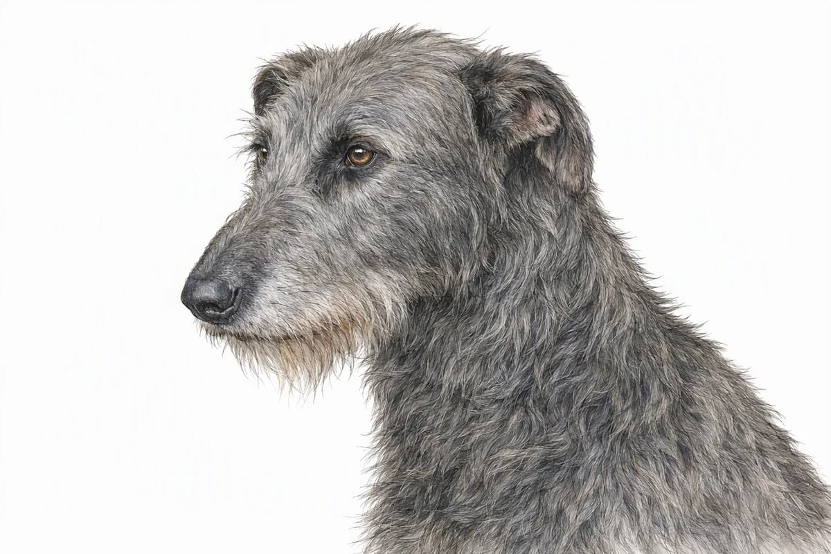 Original XPET engraving and watercolor illustration of Scottish Deerhound: a head and coat detail study.