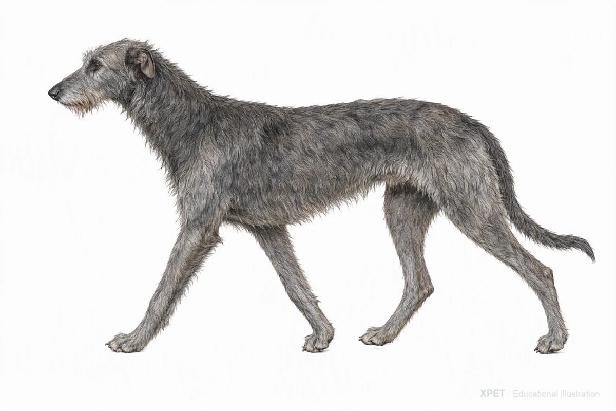 Original XPET engraving and watercolor illustration of Scottish Deerhound: a natural movement study.