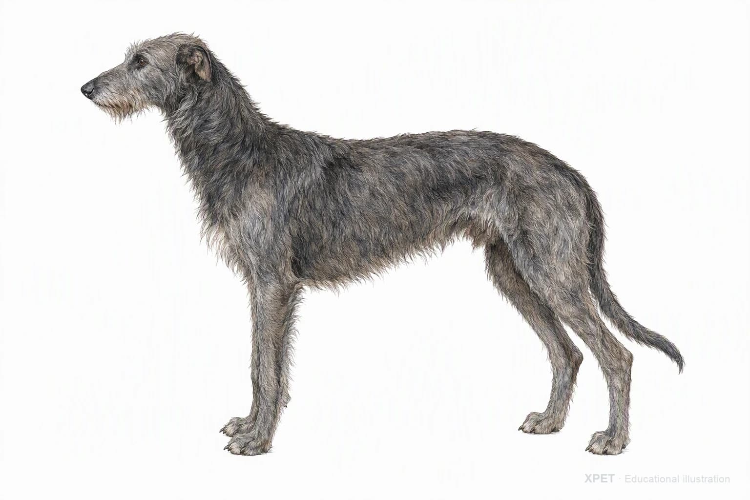 Original XPET engraving and watercolor illustration of Scottish Deerhound: an adult in left-facing profile.