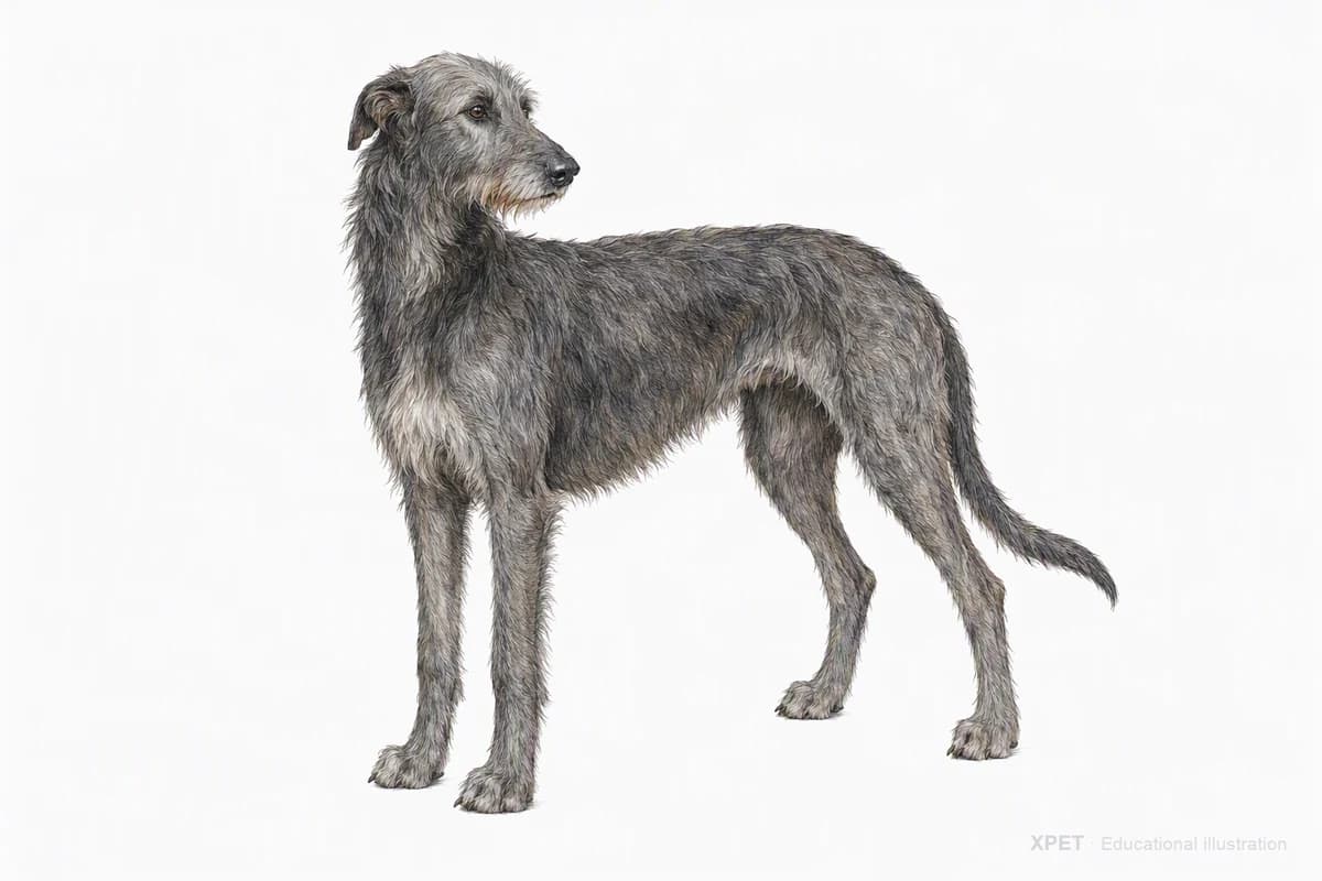 Original XPET engraving and watercolor illustration of Scottish Deerhound: a complete three-quarter standing view.