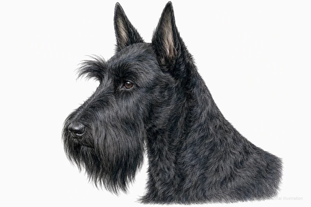 Original XPET engraving and watercolor illustration of Scottish Terrier: a head and coat detail study.