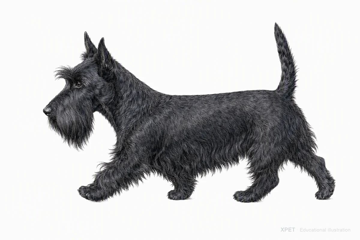 Original XPET engraving and watercolor illustration of Scottish Terrier: a natural movement study.