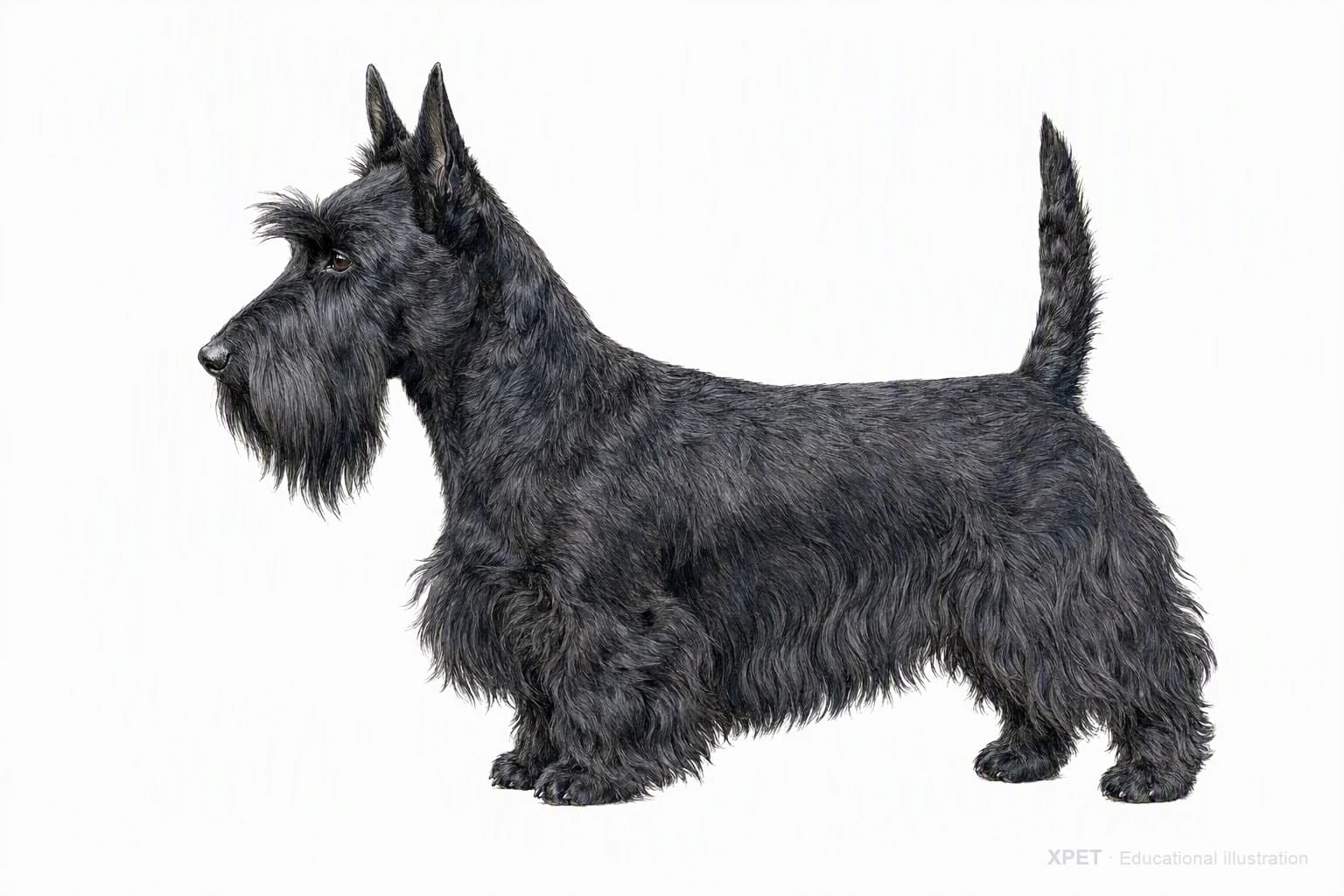 Original XPET engraving and watercolor illustration of Scottish Terrier: an adult in left-facing profile.