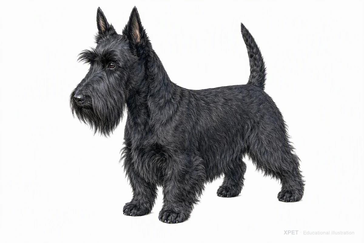 Original XPET engraving and watercolor illustration of Scottish Terrier: a complete three-quarter standing view.