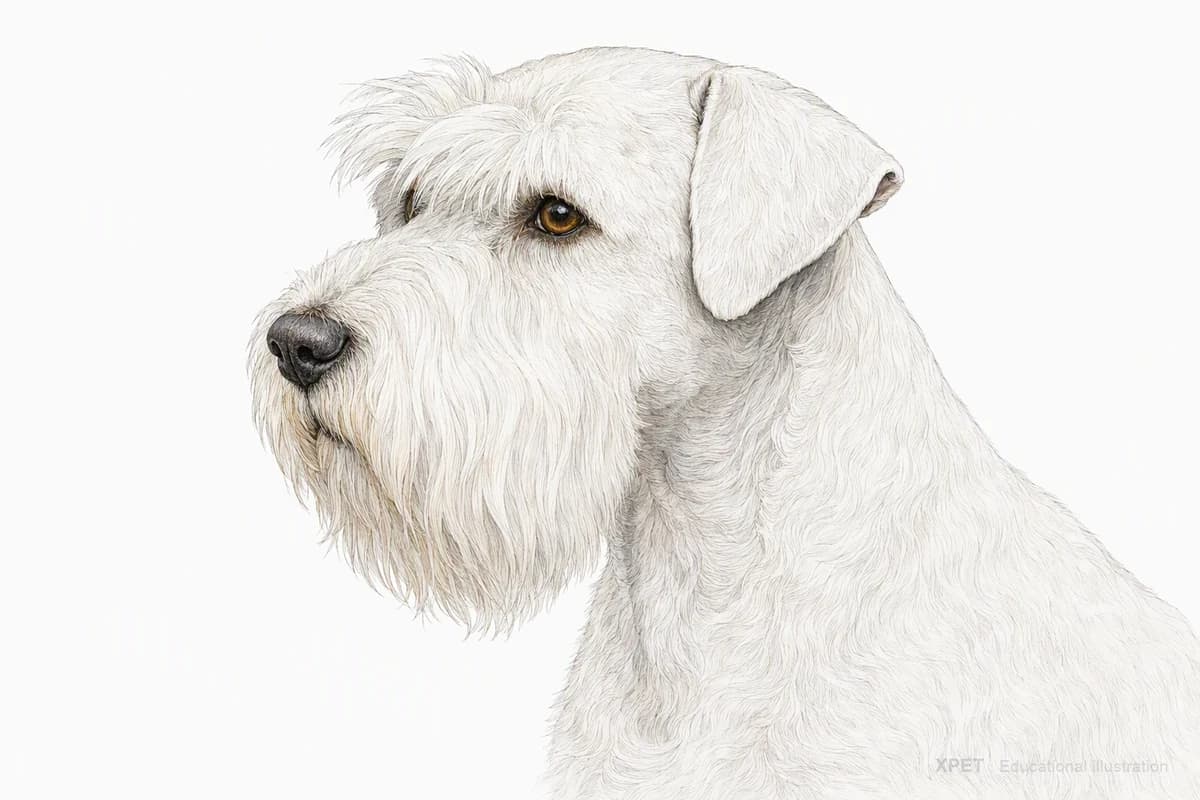 Original XPET engraving and watercolor illustration of Sealyham Terrier: a head and coat detail study.