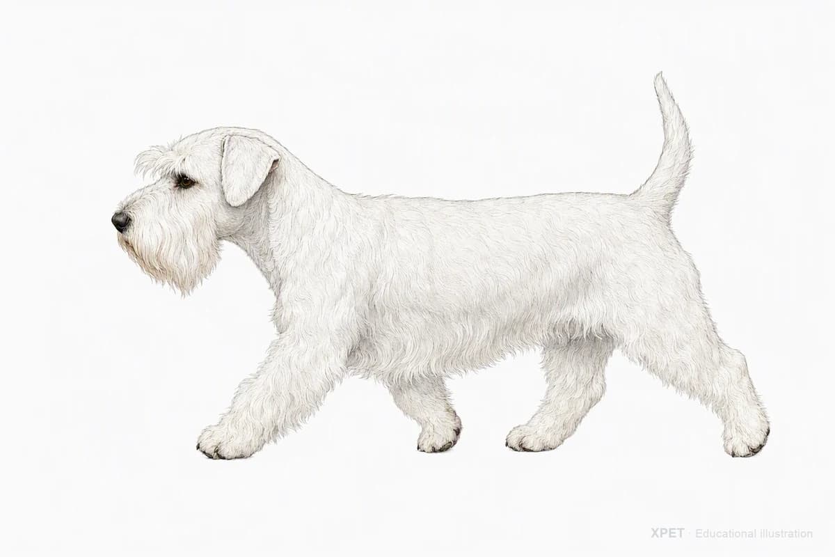 Original XPET engraving and watercolor illustration of Sealyham Terrier: a natural movement study.