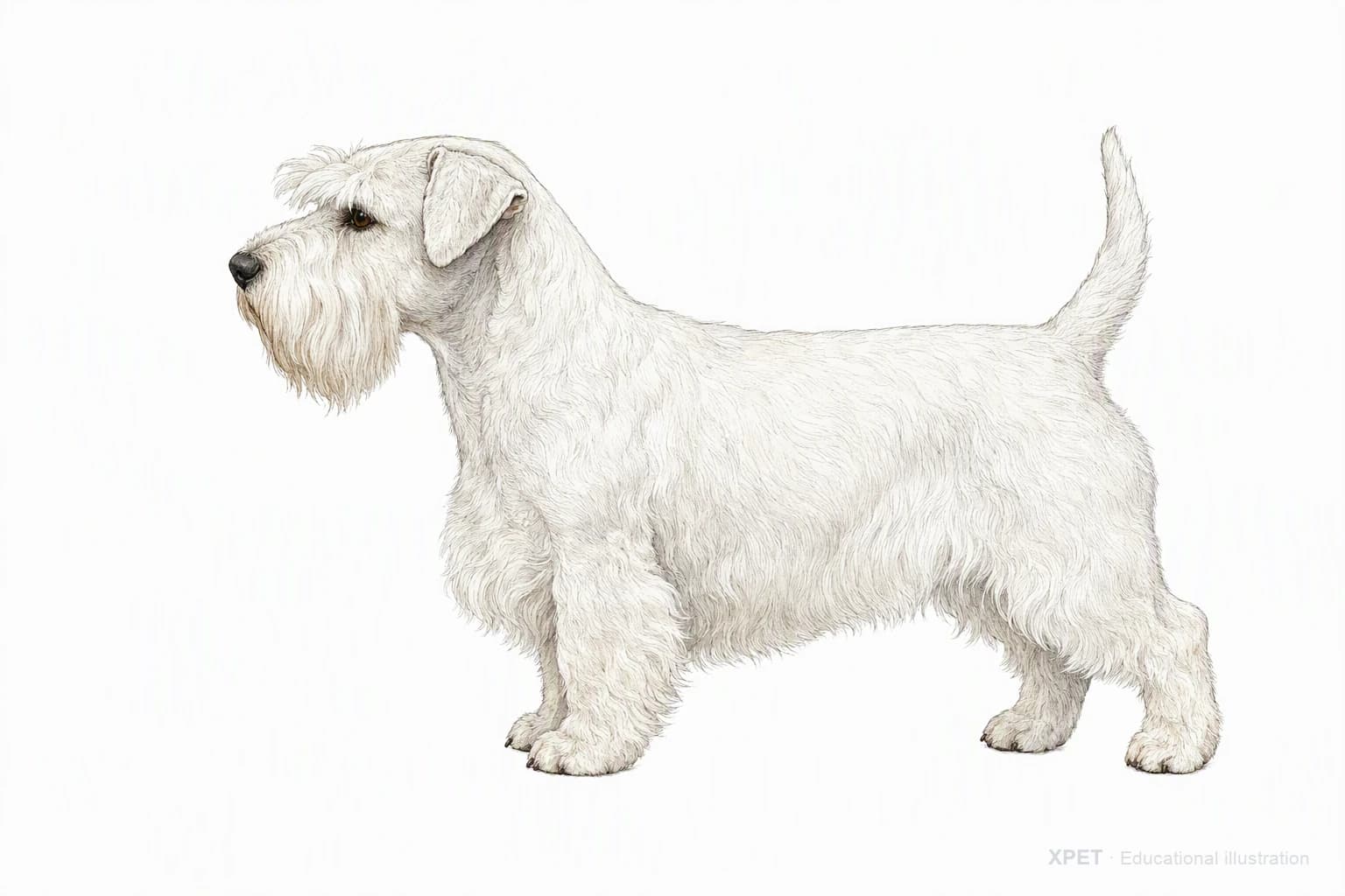 Original XPET engraving and watercolor illustration of Sealyham Terrier: an adult in left-facing profile.