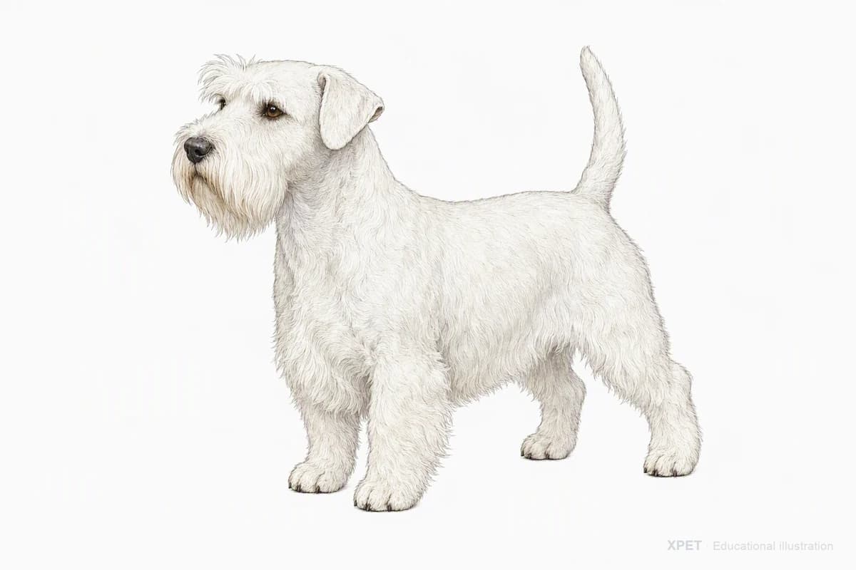 Original XPET engraving and watercolor illustration of Sealyham Terrier: a complete three-quarter standing view.