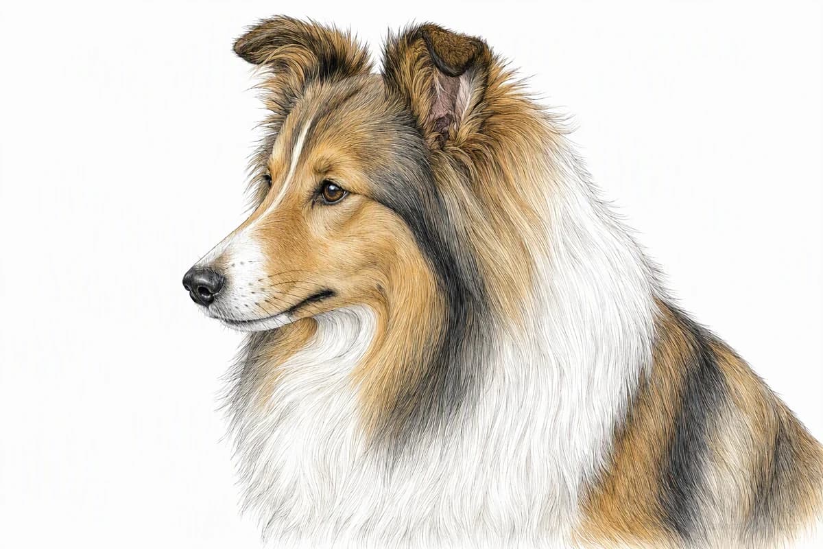 Original XPET engraving and watercolor illustration of Shetland Sheepdog: a head and coat detail study.