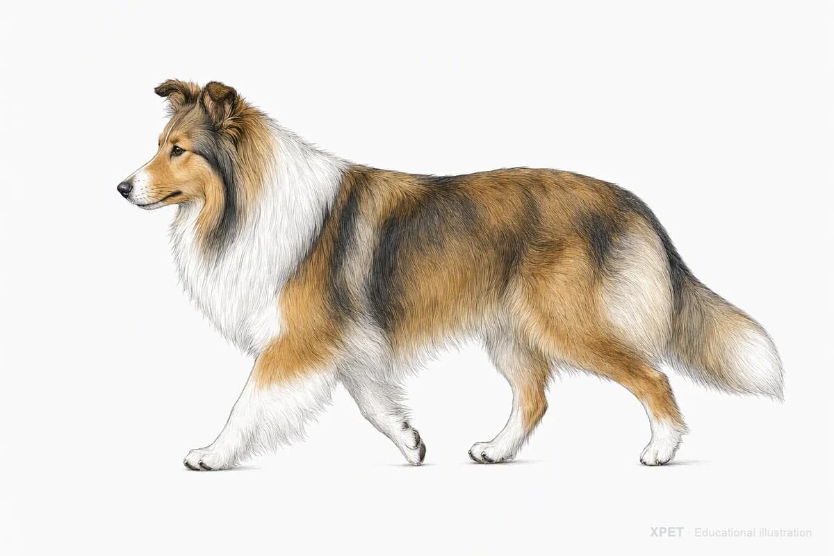 Original XPET engraving and watercolor illustration of Shetland Sheepdog: a natural movement study.