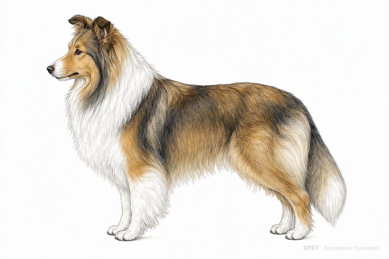 Original XPET engraving and watercolor illustration of Shetland Sheepdog: an adult in left-facing profile.