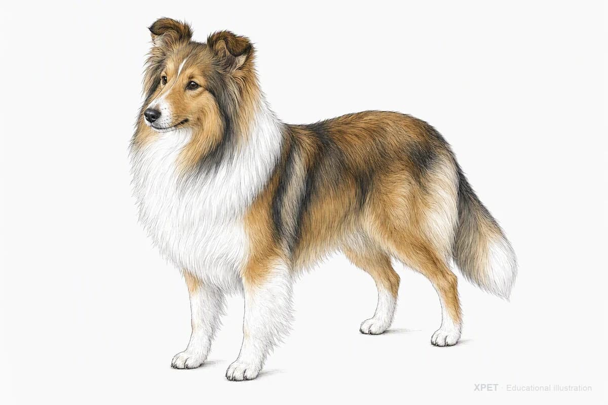 Original XPET engraving and watercolor illustration of Shetland Sheepdog: a complete three-quarter standing view.