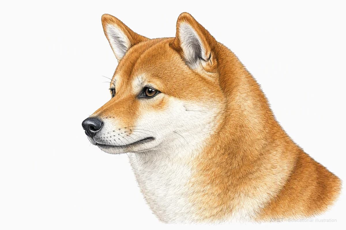Original XPET engraving and watercolor illustration of Shiba Inu: a head and coat detail study.