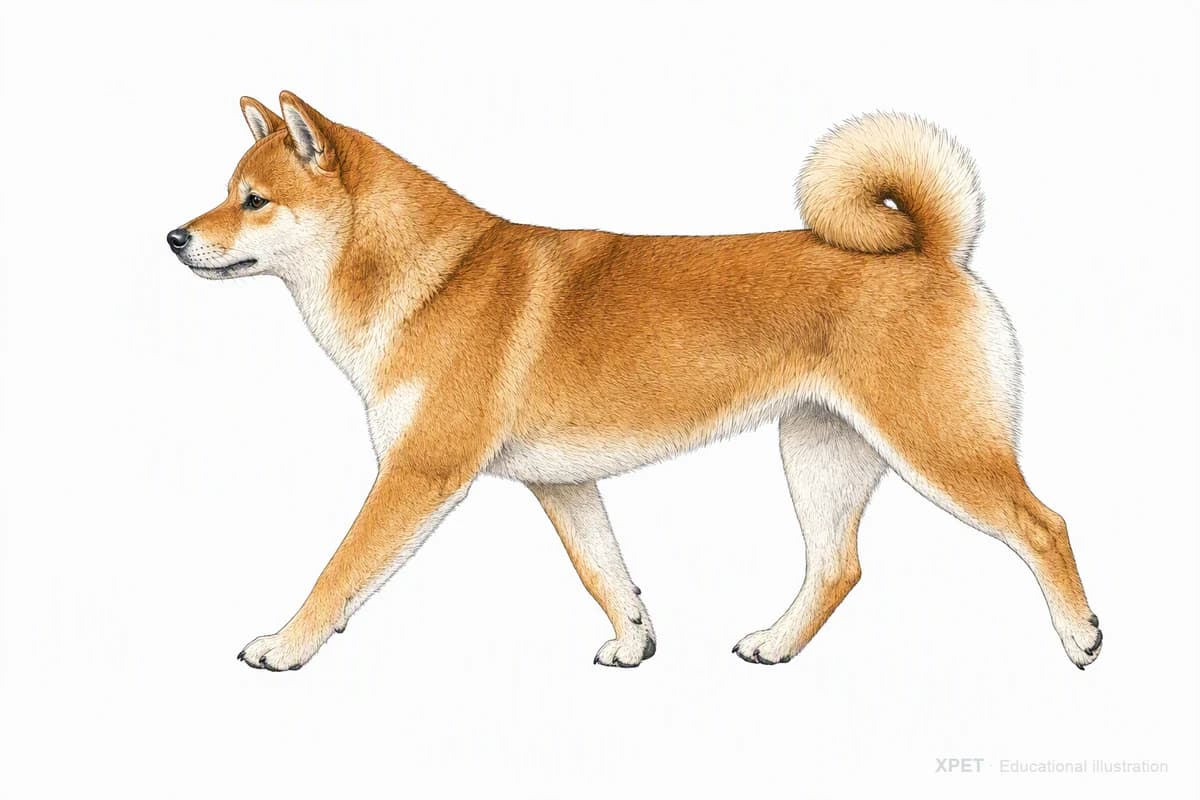Original XPET engraving and watercolor illustration of Shiba Inu: a natural movement study.