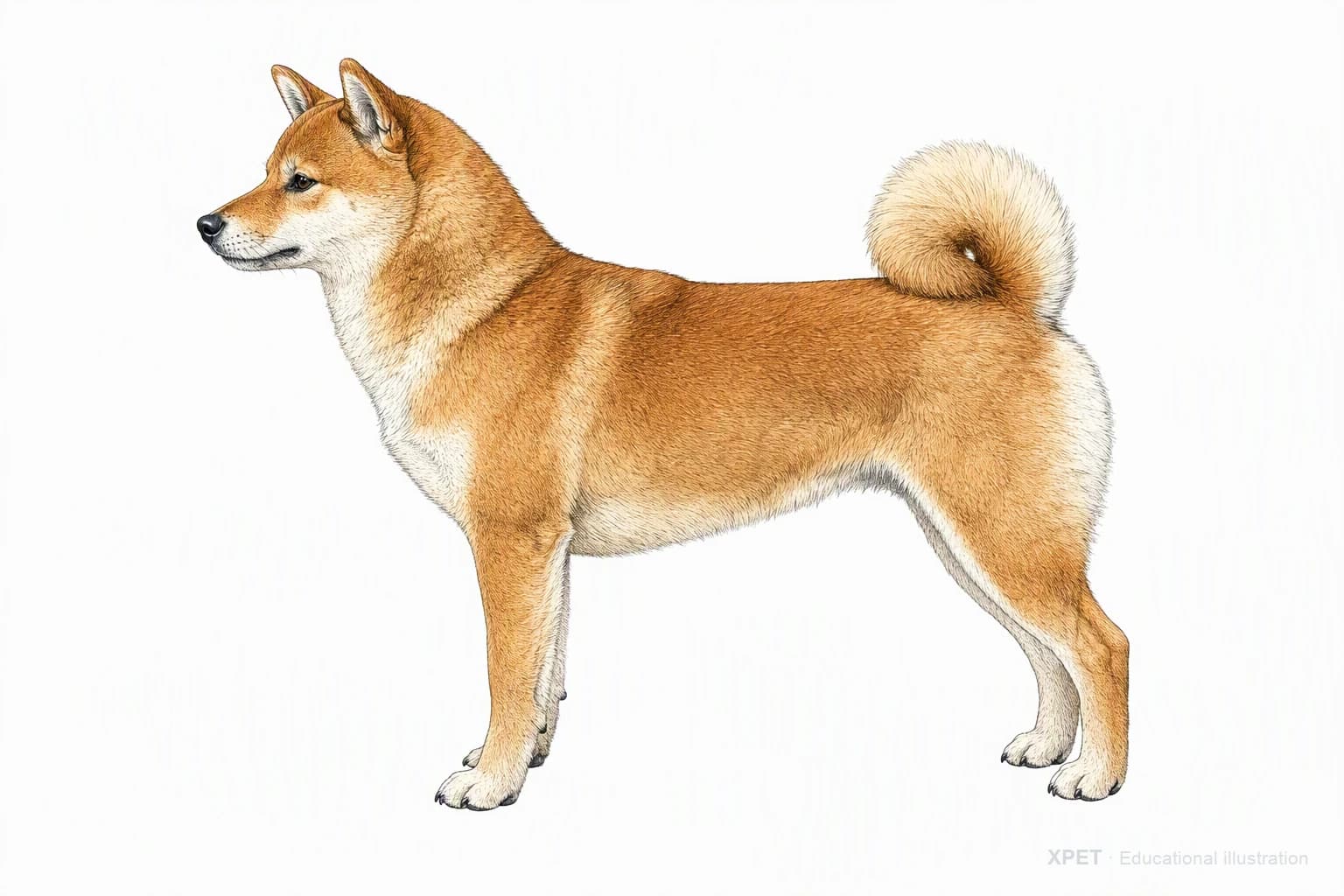 Original XPET engraving and watercolor illustration of Shiba Inu: an adult in left-facing profile.
