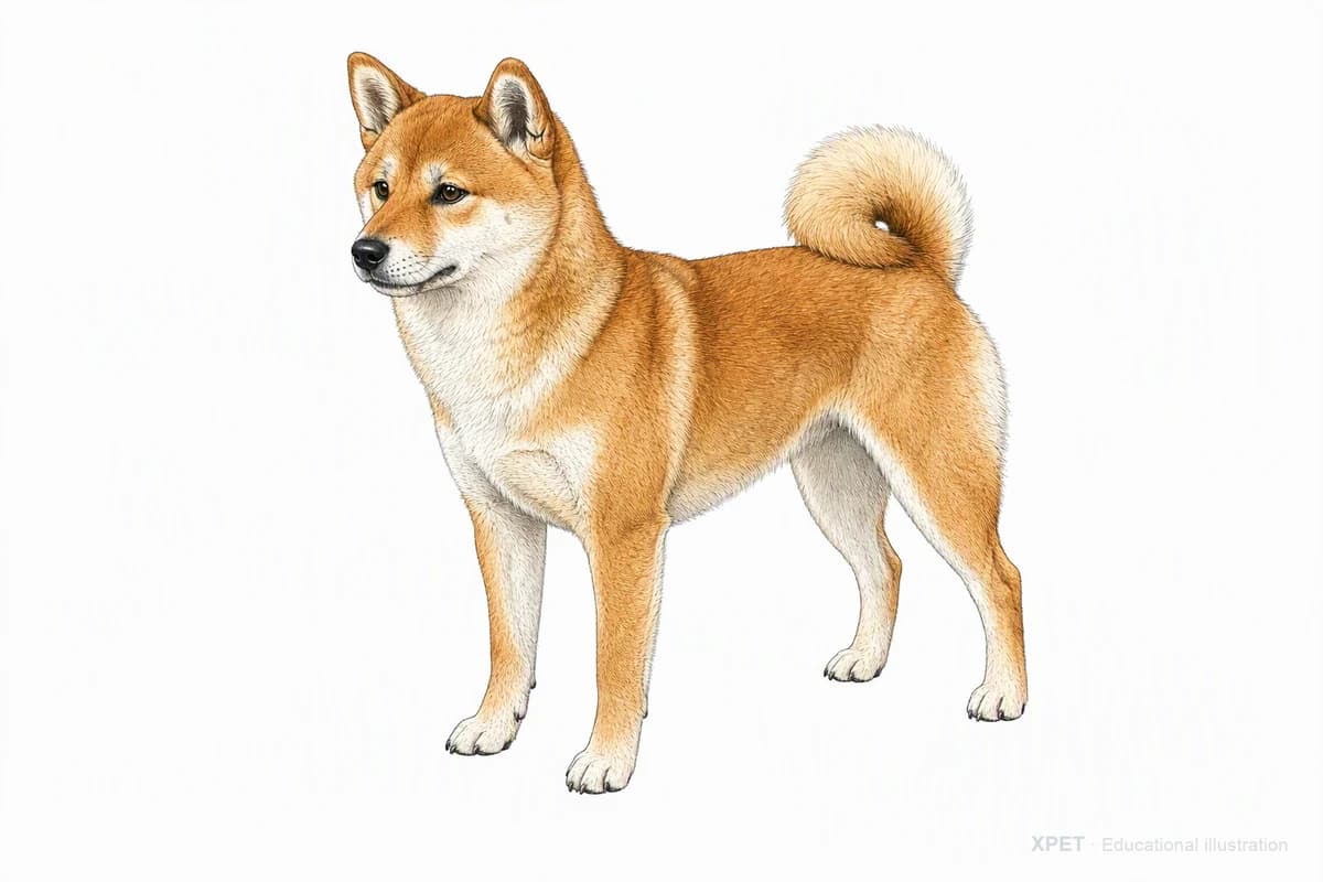 Original XPET engraving and watercolor illustration of Shiba Inu: a complete three-quarter standing view.